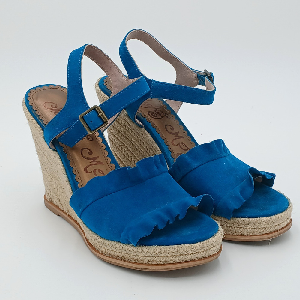 Naughty Monkey Love Leather Wedge Sandal Teal Suede Ruffle Jute Platform‎ Sz 9.5